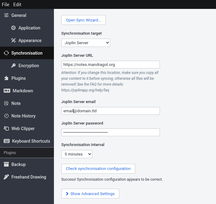 Configuration de la synchronisation sur le client Joplin pour PC
